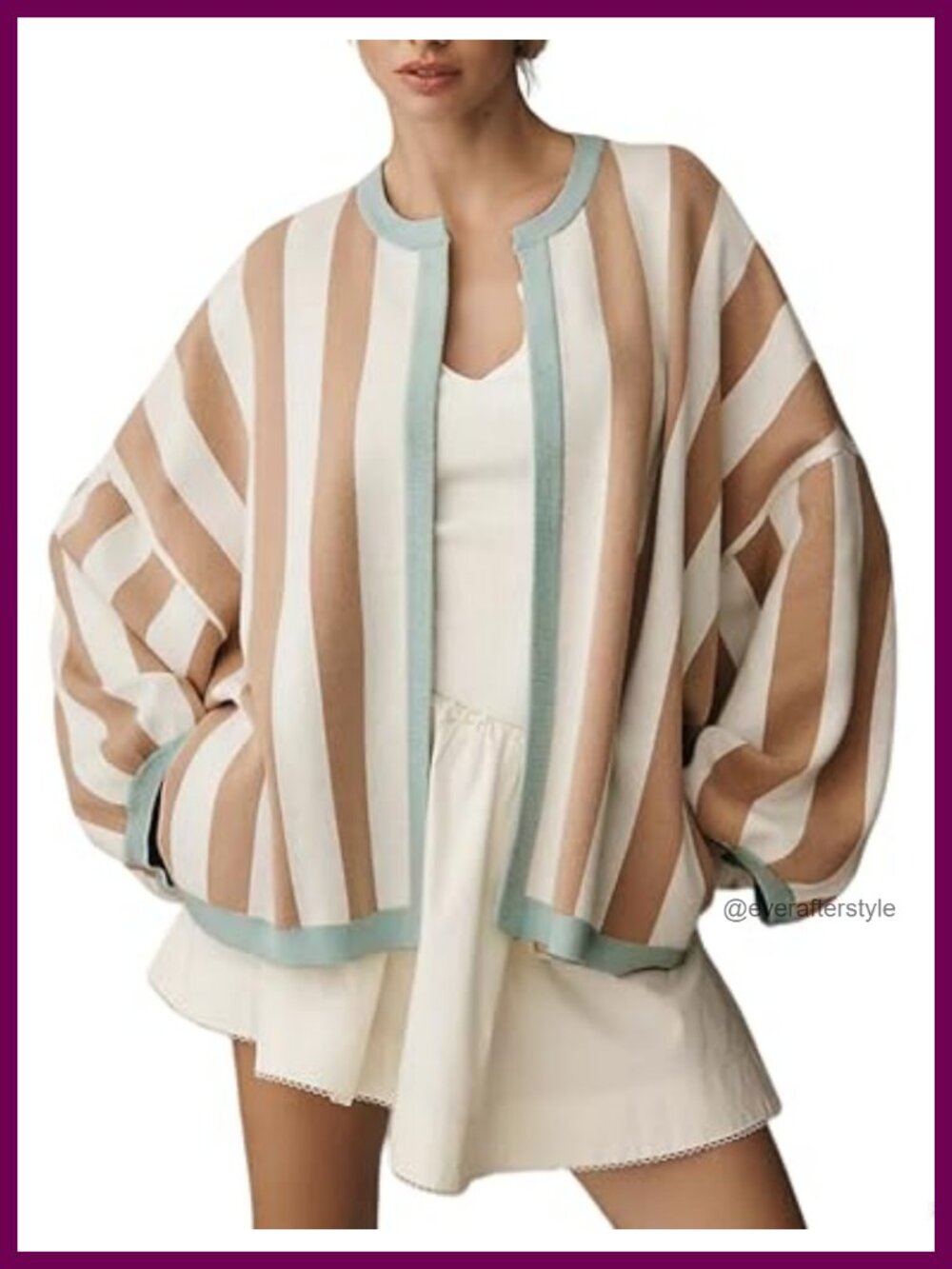 Womens Loose Fit Striped Open Front Long Balloon Sleeve Knit Cardigan